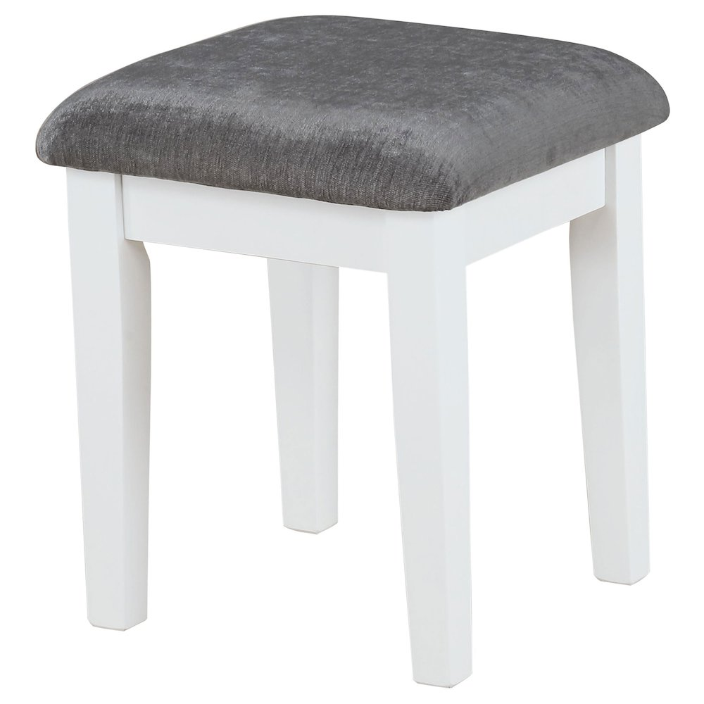 White and dark grey Elijah vanity set with lighting and stool from Start2Finish, featuring a sleek mirror and modern design.