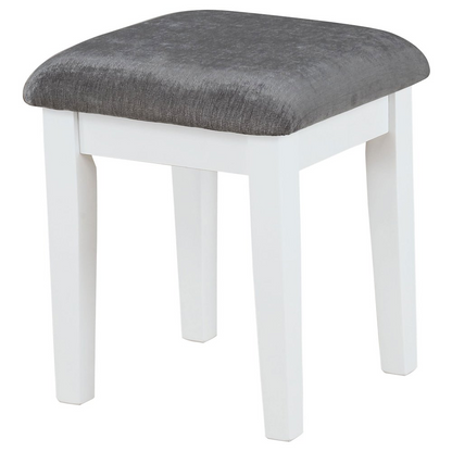 White and dark grey Elijah vanity set with lighting and stool from Start2Finish, featuring a sleek mirror and modern design.