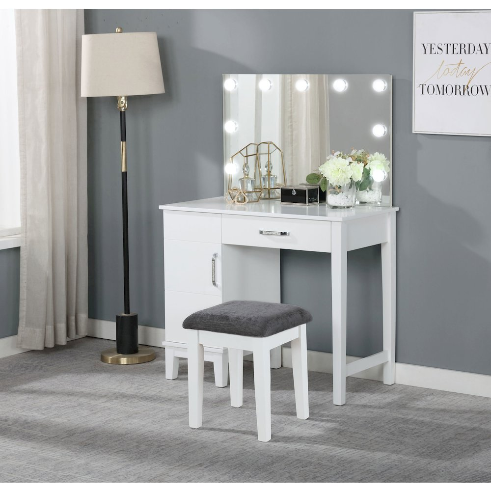 Start2Finish Elijah vanity set with white and dark grey finish, featuring built-in lighting and a matching stool.