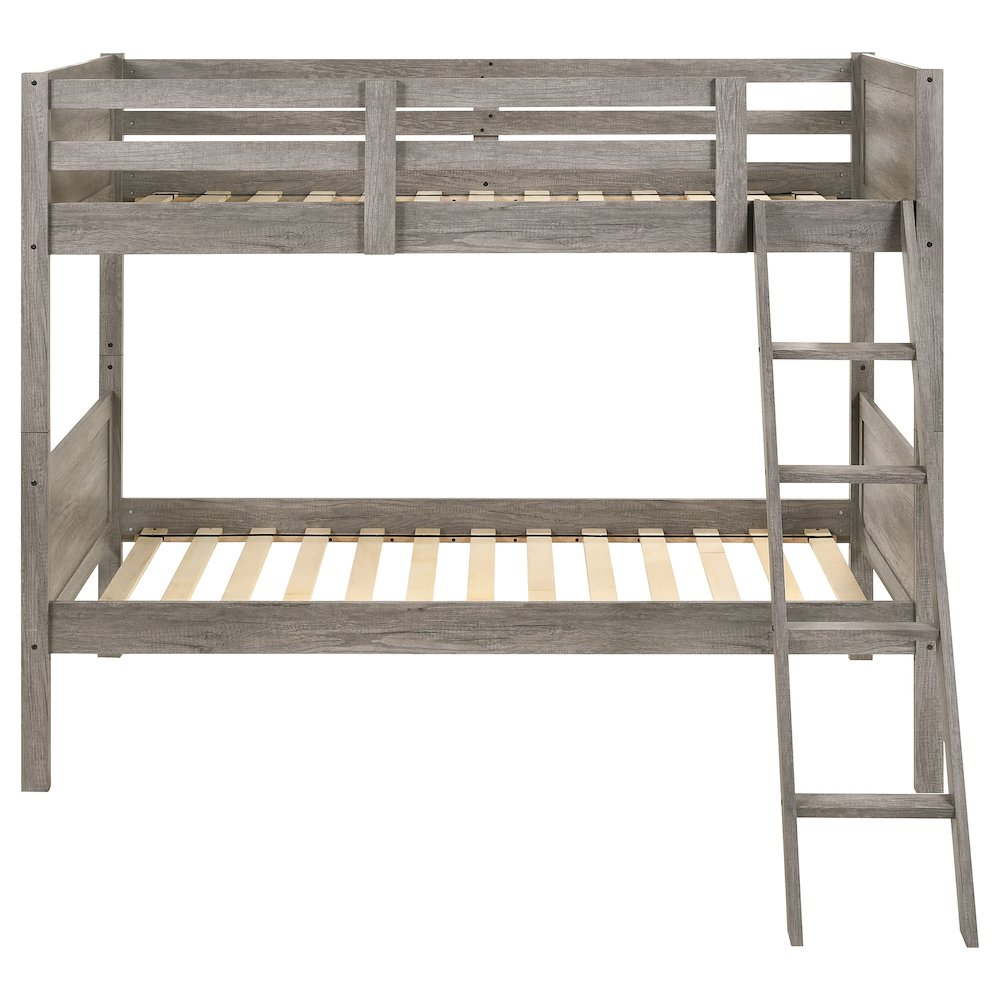 Weathered taupe Ryder Wood twin over twin bunk bed by Start2Finish with sturdy frame and ladder in a cozy bedroom setting.