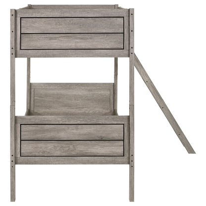 Weathered taupe Ryder Wood twin over twin bunk bed by Start2Finish, showcasing sturdy wooden frame and ladder in a cozy bedroom setting.