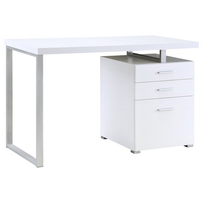 White Brennan 47-inch office computer desk with three drawers, made by Start2Finish, shown from a front angle with a smooth surface