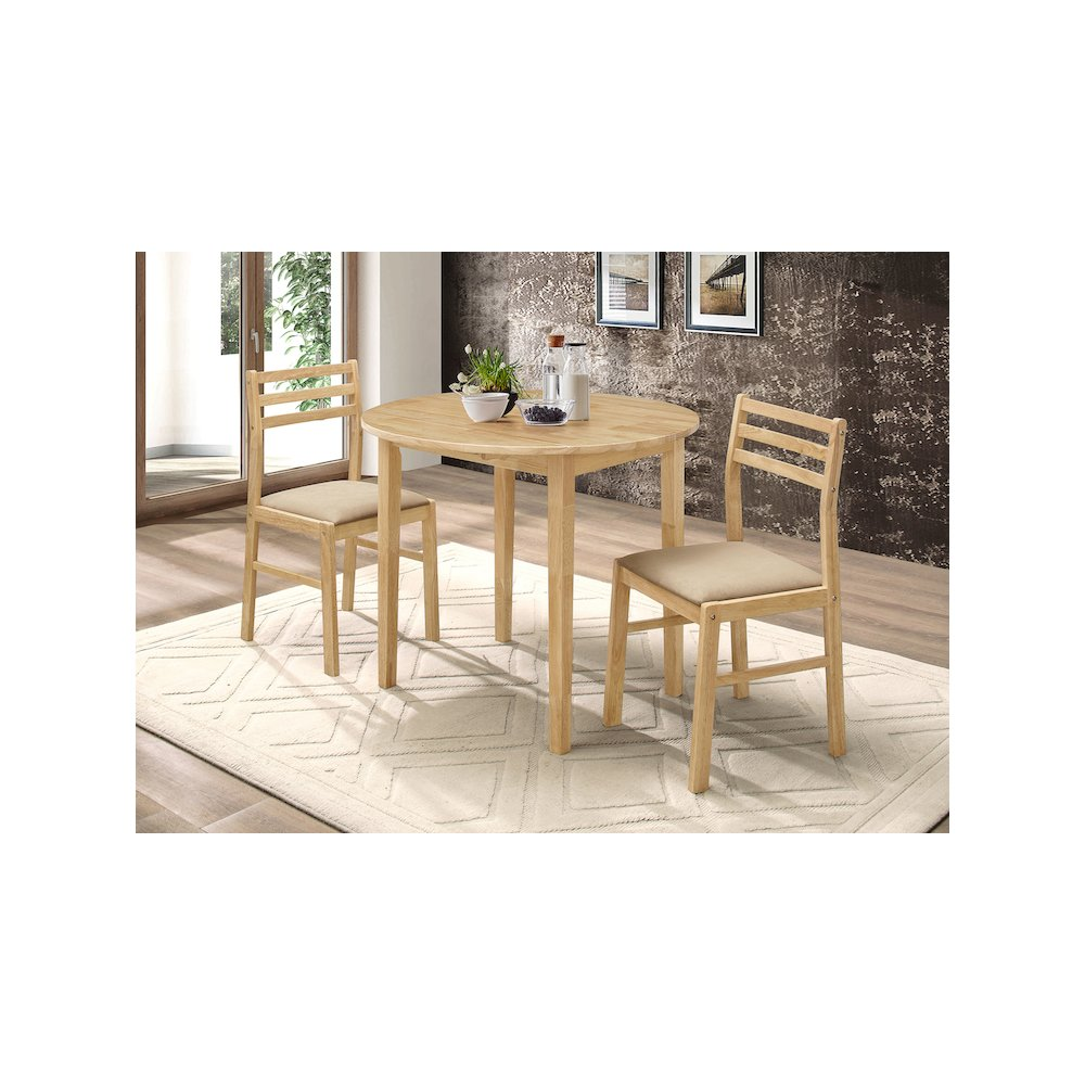 Start2Finish Bucknell 3-piece round drop leaf dining table set in natural finish with two matching chairs, showcasing a modern wood design.