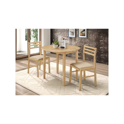 Start2Finish Bucknell 3-piece round drop leaf dining table set in natural finish with two matching chairs, showcasing a modern wood design.