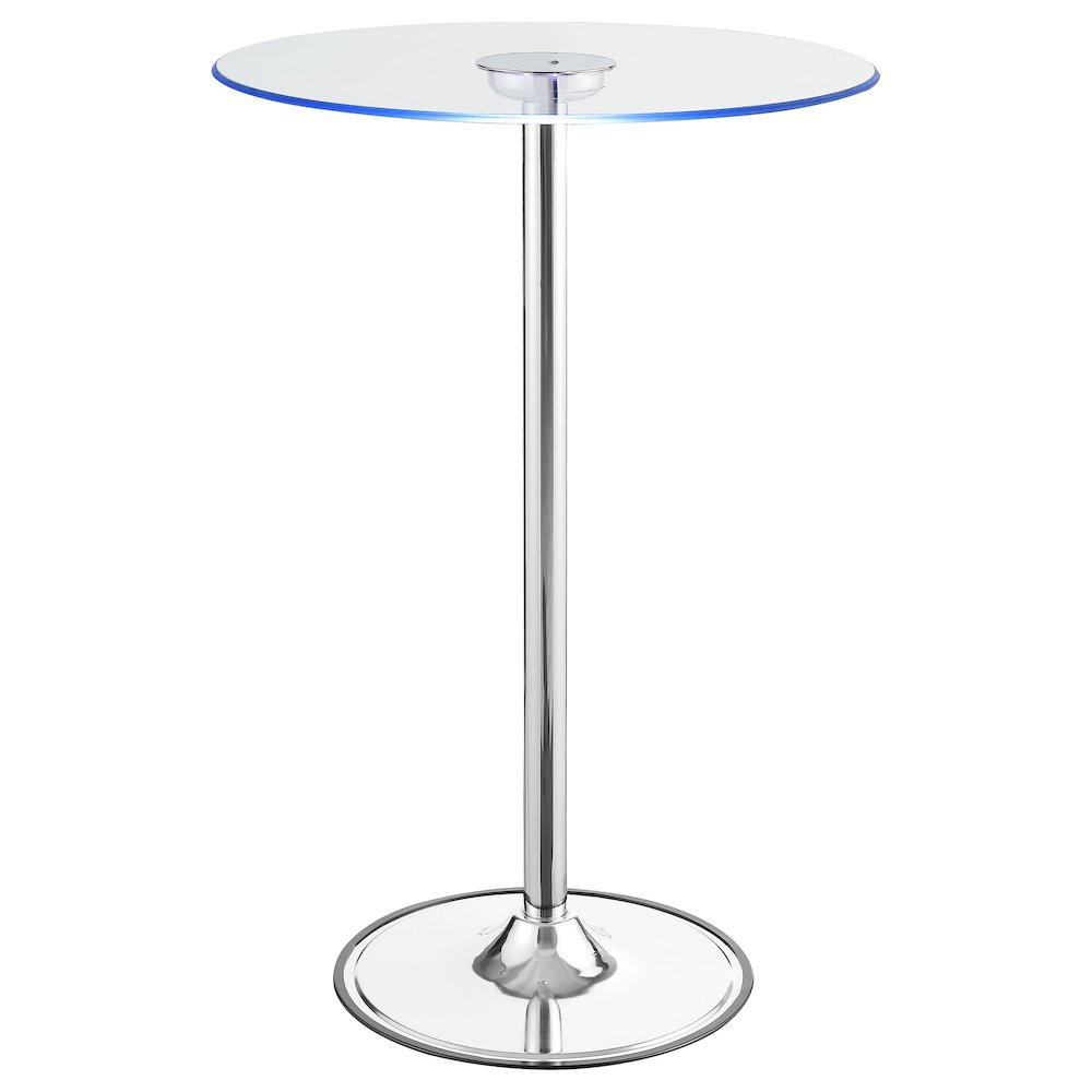 Start2Finish Thea Round 28-inch glass top LED bistro bar table with chrome finish, showcasing its sleek design and modern style.