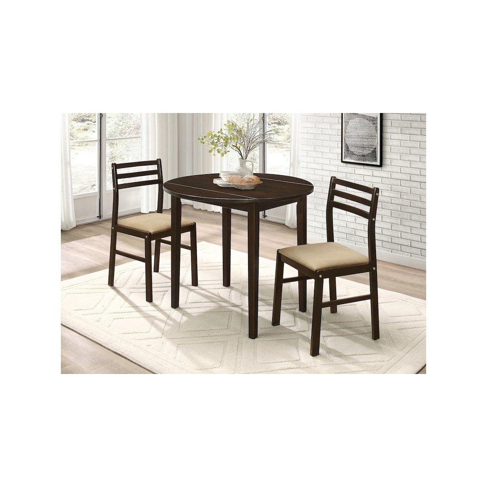 Start2Finish Bucknell 3-piece round drop leaf dining table set in cappuccino with matching chairs and table extending leaves.