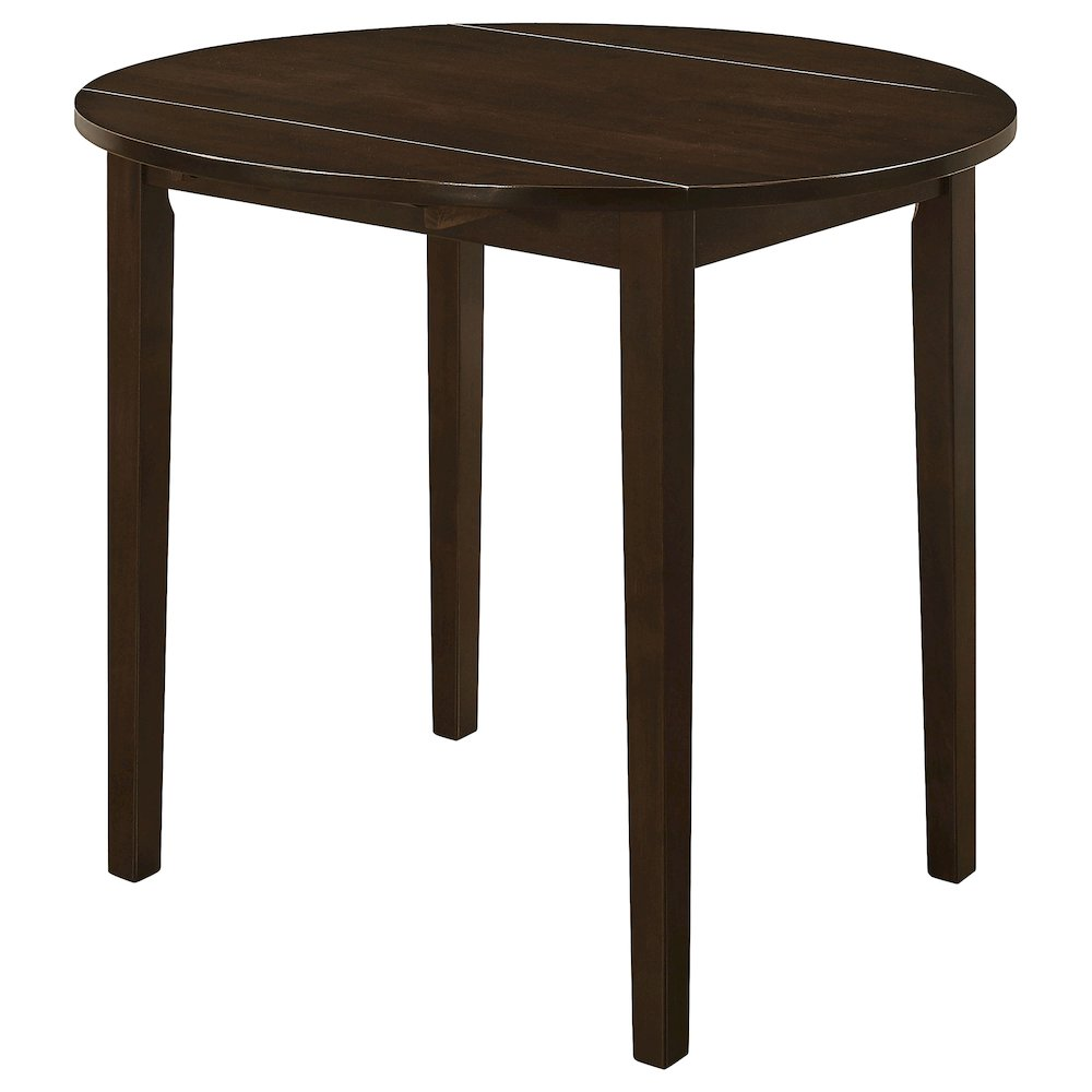 Start2Finish Bucknell 3-piece round drop leaf dining table set in cappuccino with matching chairs and tabletop detail.