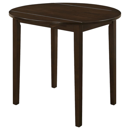 Start2Finish Bucknell 3-piece round drop leaf dining table set in cappuccino with matching chairs and tabletop detail.