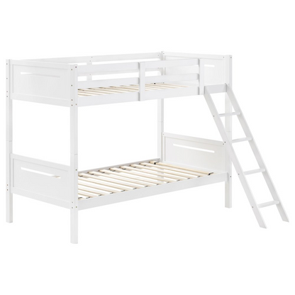 White Littleton Wood Twin Over Twin Bunk Bed by Start2Finish, showing sturdy frame and ladder in a modern bedroom setting.