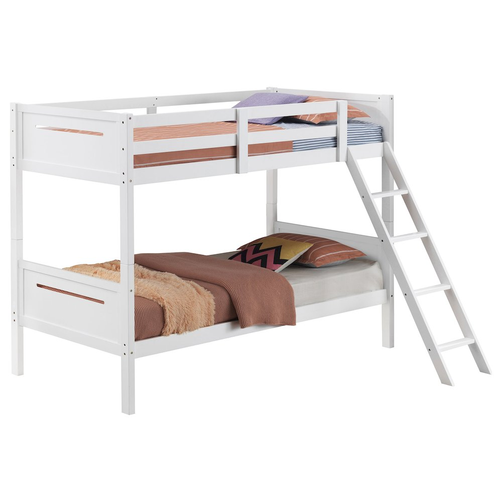 White Littleton Wood Twin Over Twin Bunk Bed by Start2Finish, showing the sturdy wooden frame and ladder in a bright bedroom setting.