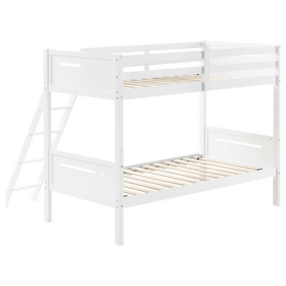 White Littleton Wood Twin Over Twin Bunk Bed by Start2Finish, showing the twin-over-twin bunk bed with safety rails and sturdy construction.