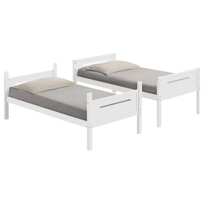 White Littleton Wood Twin Over Twin Bunk Bed by Start2Finish, showcasing sturdy wooden frame and ladder in a bedroom setting.