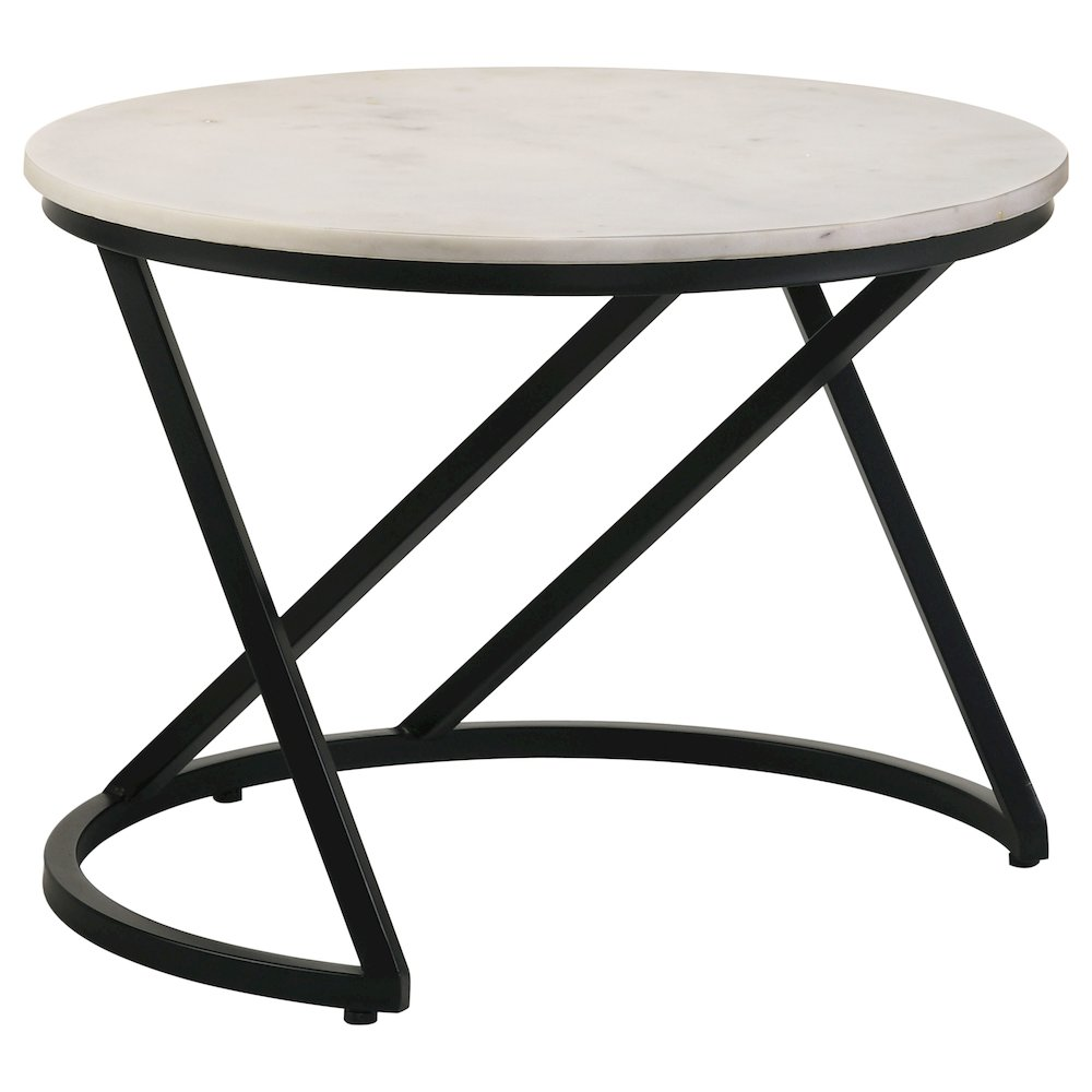 Start2Finish Miguel round coffee table with marble top, featuring a sleek white and black finish, modern furniture for living rooms.