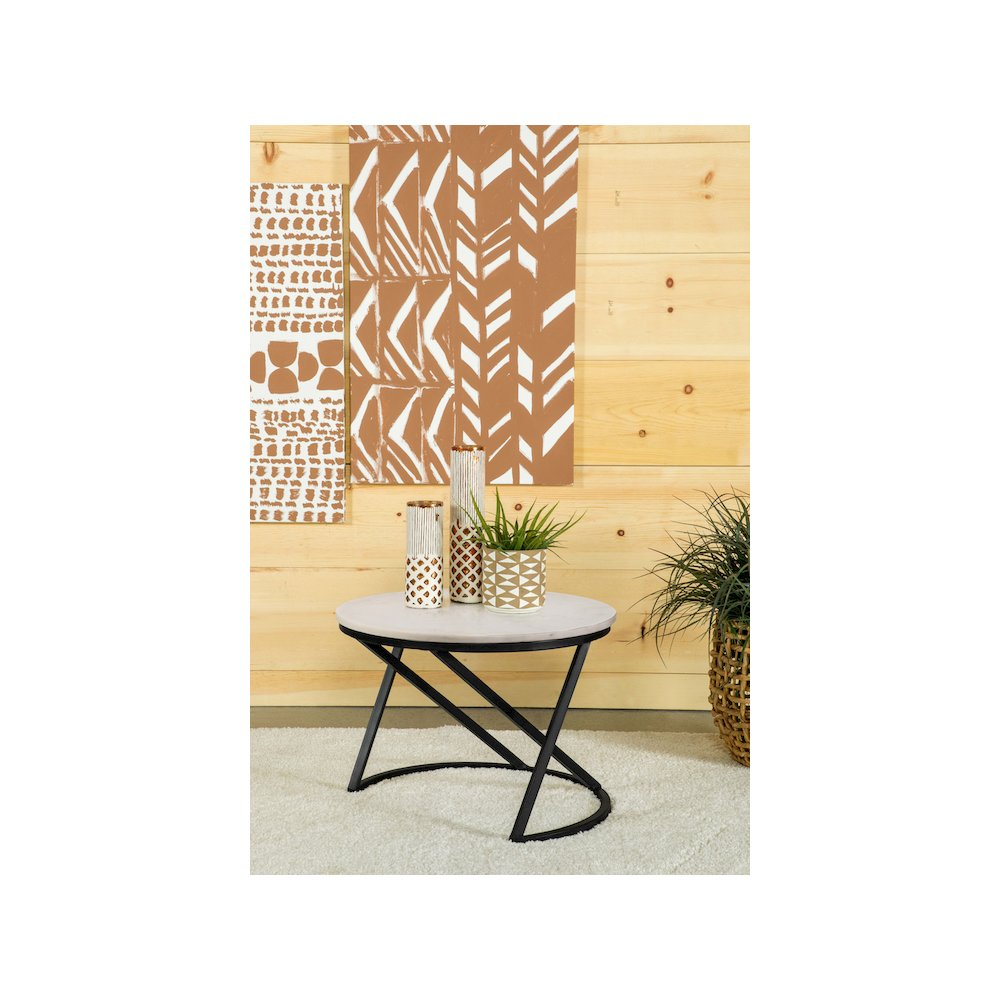Start2Finish Miguel round marble top coffee table with a white and black finish, showcasing sleek furniture design.