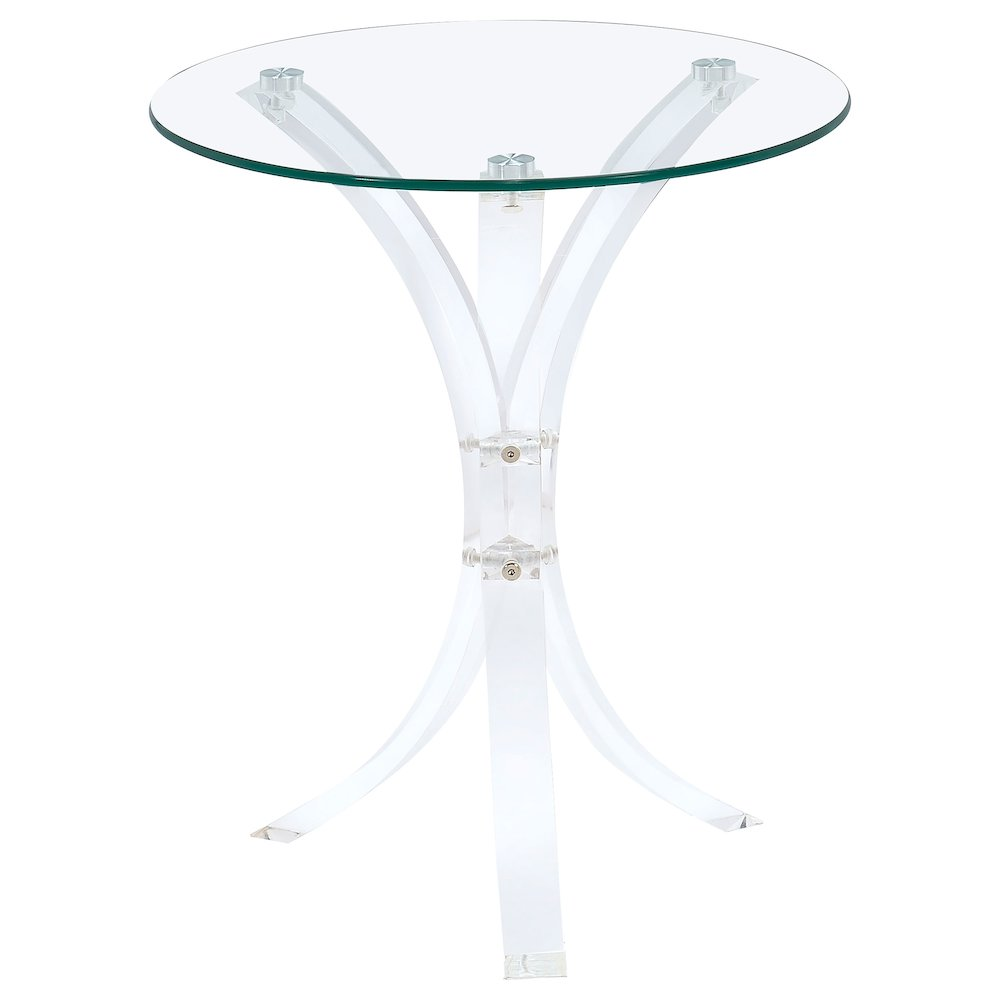 Laning round acrylic side table with clear glass top, modern furniture piece from Start2Finish, shown in a contemporary living space.