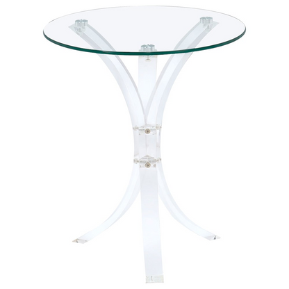 Laning round acrylic side table with clear glass top, modern furniture piece from Start2Finish, shown in a contemporary living space.