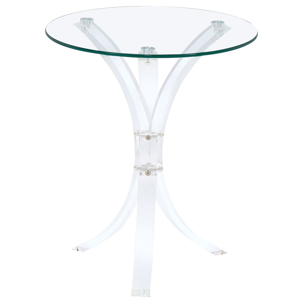 Laning round glass top acrylic side table by Start2Finish, featuring a clear modern design with a sleek round surface and acrylic legs.