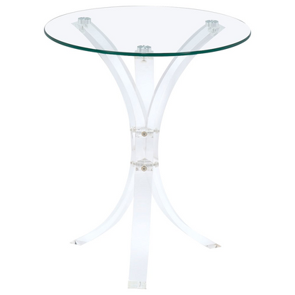 Laning round glass top acrylic side table by Start2Finish, featuring a clear modern design with a sleek round surface and acrylic legs.