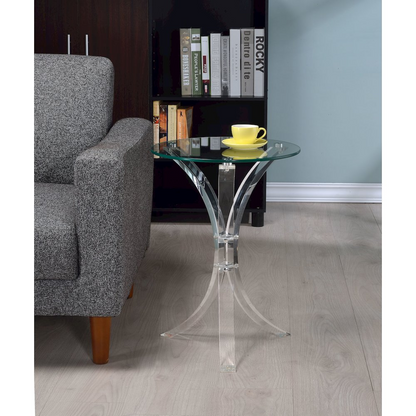 Laning round glass top acrylic side table in clear, modern furniture piece with sleek transparent design.