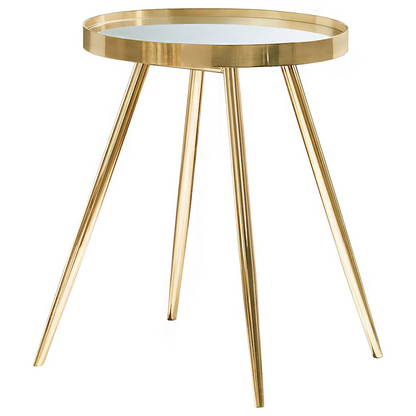 Start2Finish Kaelyn round mirror top end table with gold finish, showcasing a sleek modern furniture piece with reflective surface