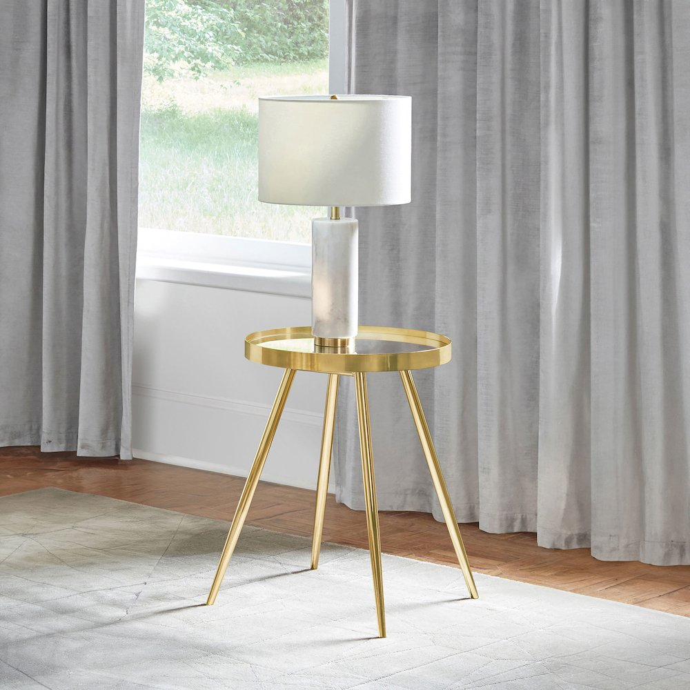 Start2Finish Kaelyn round mirror top end table with gold finish, showcasing a sleek, modern furniture piece with a reflective surface.