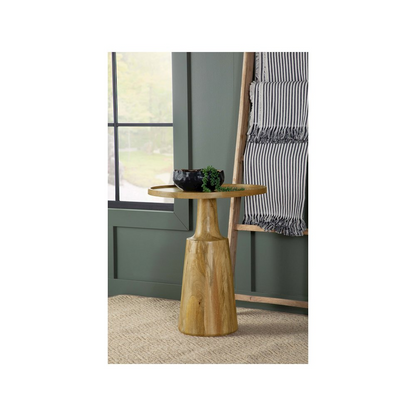 Solid mango wood Ixia round accent side table with natural finish, featuring a smooth surface and sturdy design.