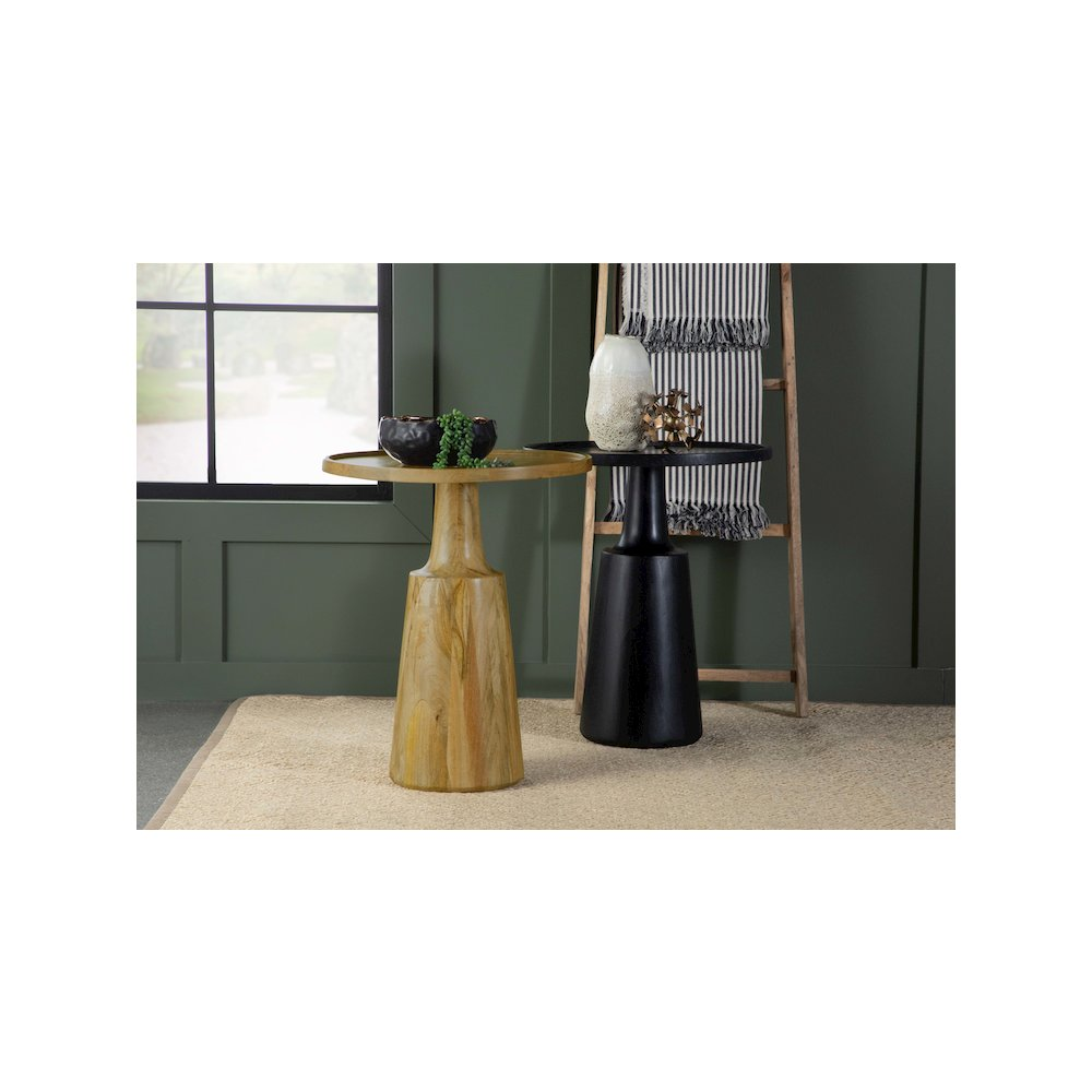 Round solid mango wood accent side table with natural finish, featuring a smooth surface and sturdy wooden legs.