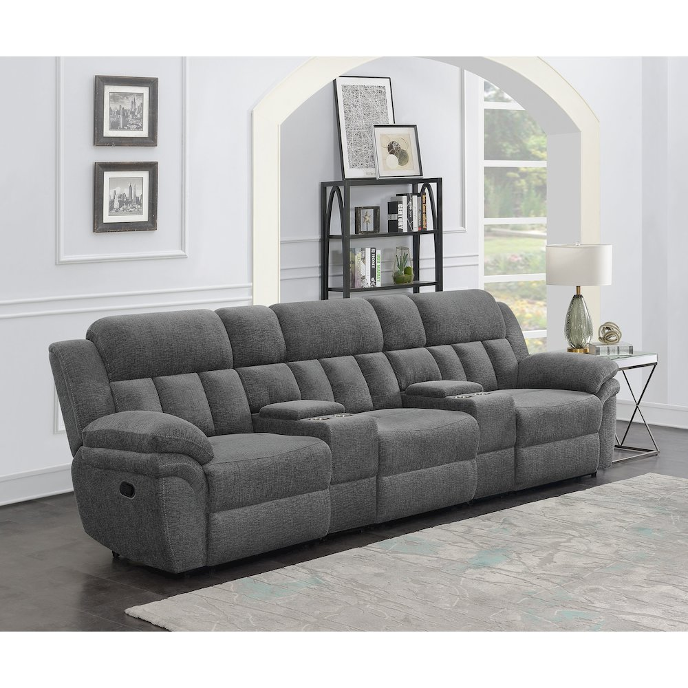 Start2Finish Bahrain 5-piece charcoal upholstered home theater seating set with plush cushions and modern design.