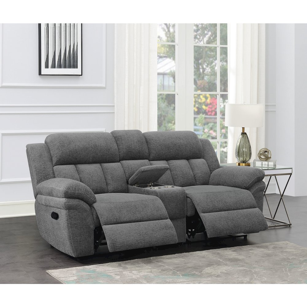 Start2Finish Bahrain upholstered motion loveseat in charcoal fabric, featuring plush cushions and a reclining design for comfort.