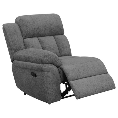 Start2Finish Bahrain upholstered motion loveseat in charcoal fabric, showing plush cushions and reclining feature.