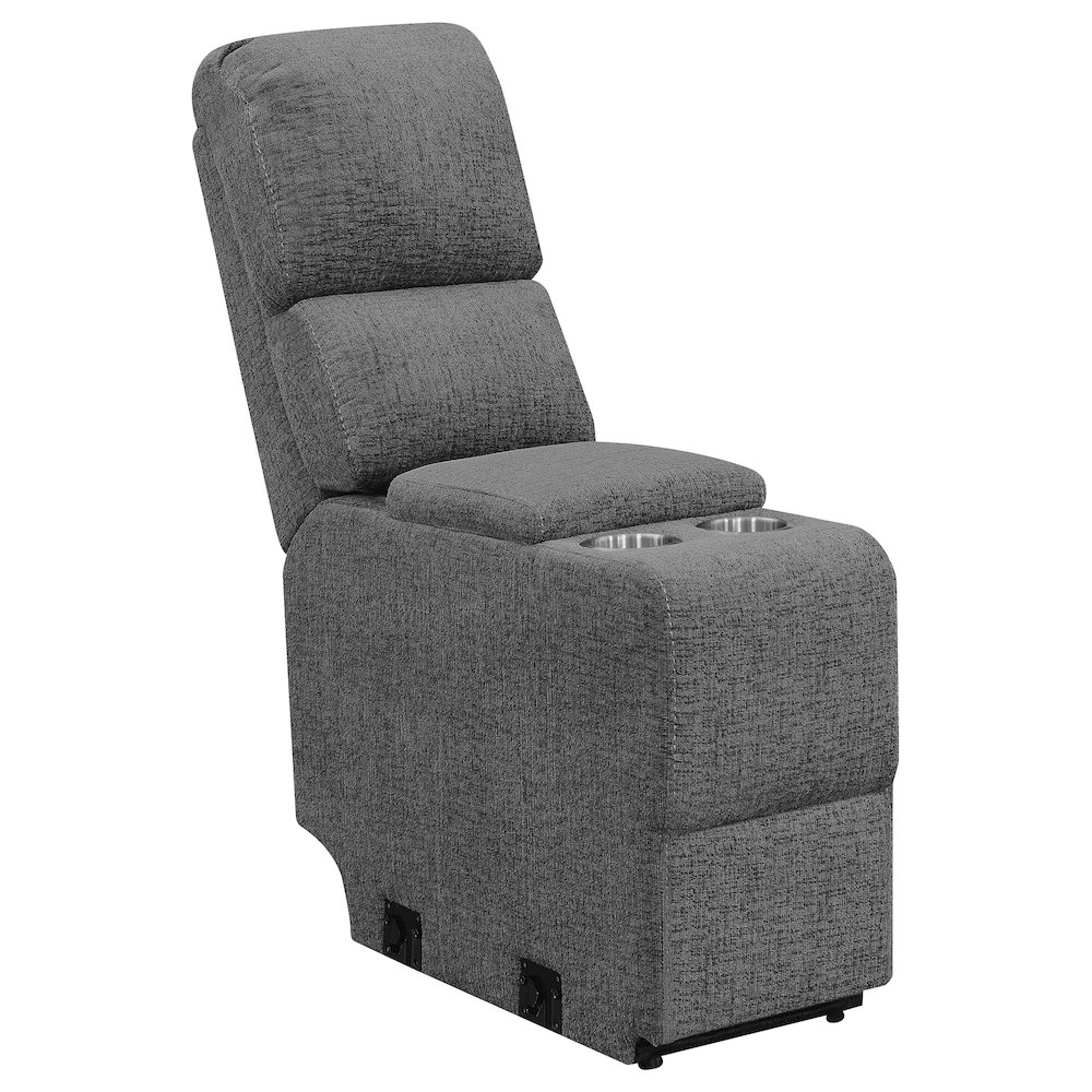 Start2Finish Bahrain upholstered motion loveseat in charcoal fabric, featuring plush cushioning and modern design.
