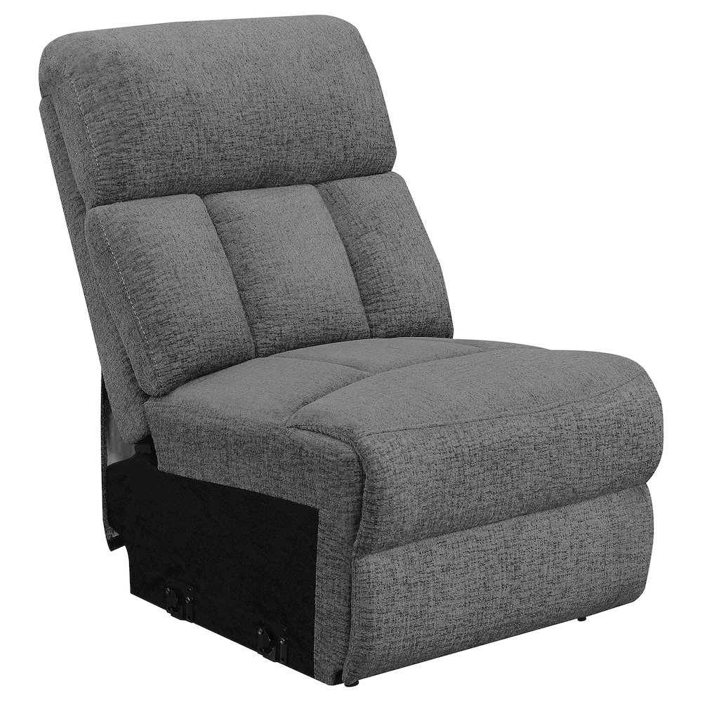 Charcoal Bahrain upholstered motion sofa by Start2Finish with plush cushions and modern design, perfect for living room relaxation.
