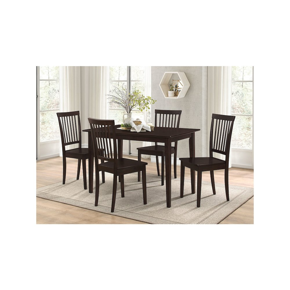 Start2Finish Gomez 5-piece rectangular dining table set in cappuccino with matching chairs, showcasing a modern wood finish.