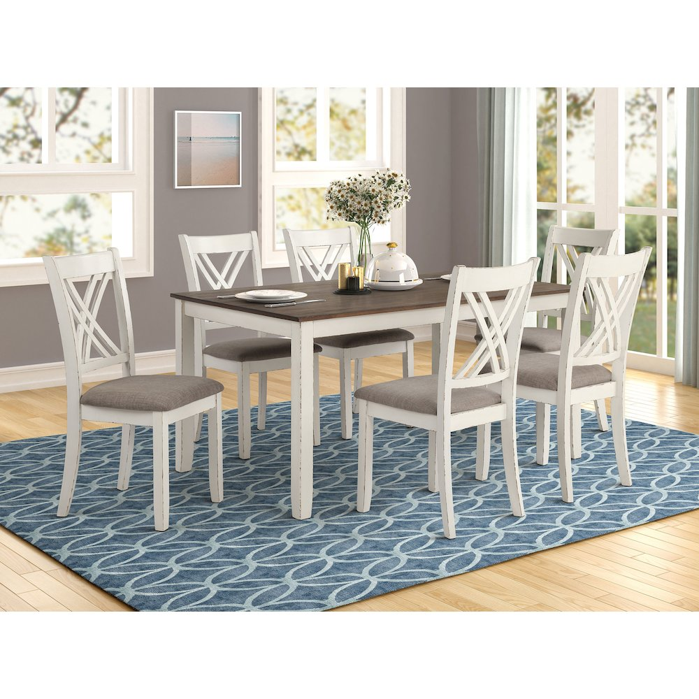 Start2Finish Fortress 7-piece rectangular dining set in vintage vanilla with matching chairs and table, modern and stylish for dining room.