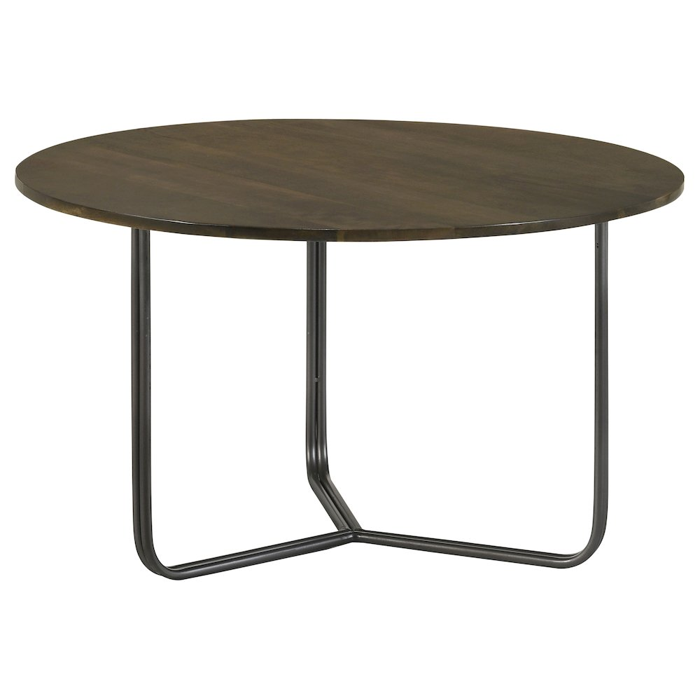 Yaritza round coffee table with mango wood top in natural finish and gunmetal metal legs, stylish and modern living room furniture
