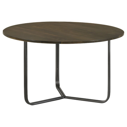 Yaritza round coffee table with mango wood top in natural finish and gunmetal metal legs, stylish and modern living room furniture