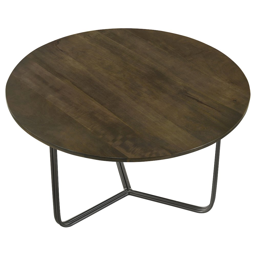 Yaritza round coffee table with natural mango wood top and gunmetal metal legs, modern design, by Start2Finish.