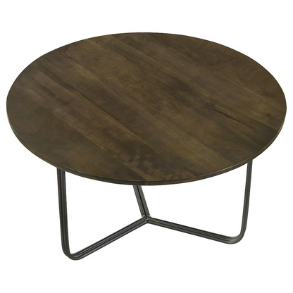 Yaritza round coffee table with natural mango wood top and gunmetal metal legs, modern design, by Start2Finish.
