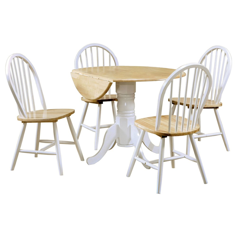 White Allison 5-piece round drop leaf dining table set by Start2Finish, featuring a sturdy table with matching chairs.