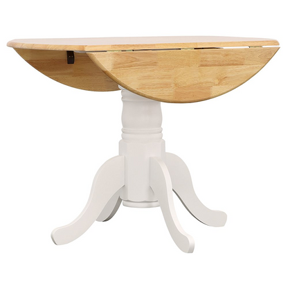 Allison 5-piece round drop leaf dining table set in white with matching chairs, designed for versatile dining spaces.