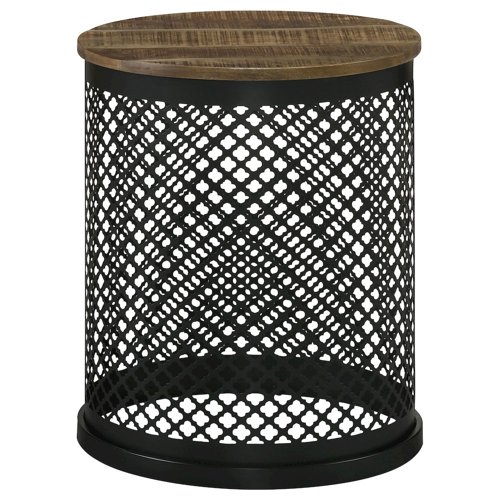 Start2Finish Aurora round drum base accent side table with natural wood and black finish, modern furniture for living or bedroom decor.