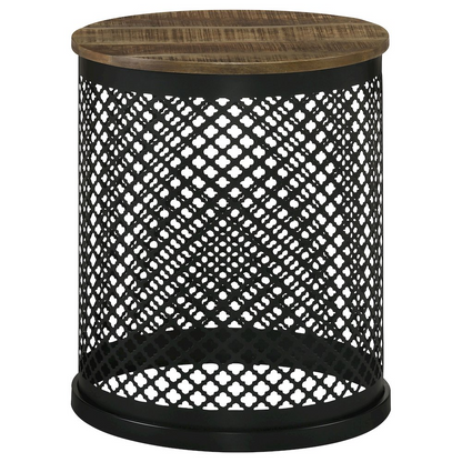Start2Finish Aurora round drum base accent side table with natural wood and black finish, modern furniture for living or bedroom decor.