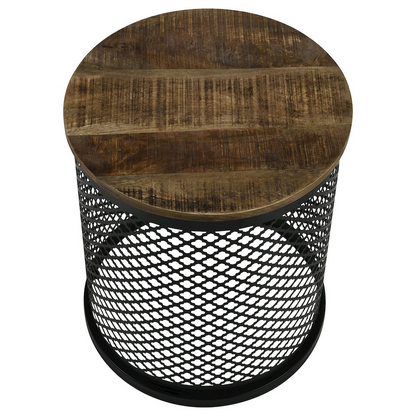 Start2Finish Aurora round drum base accent side table in natural wood and black finish, showcasing its modern, stylish design.