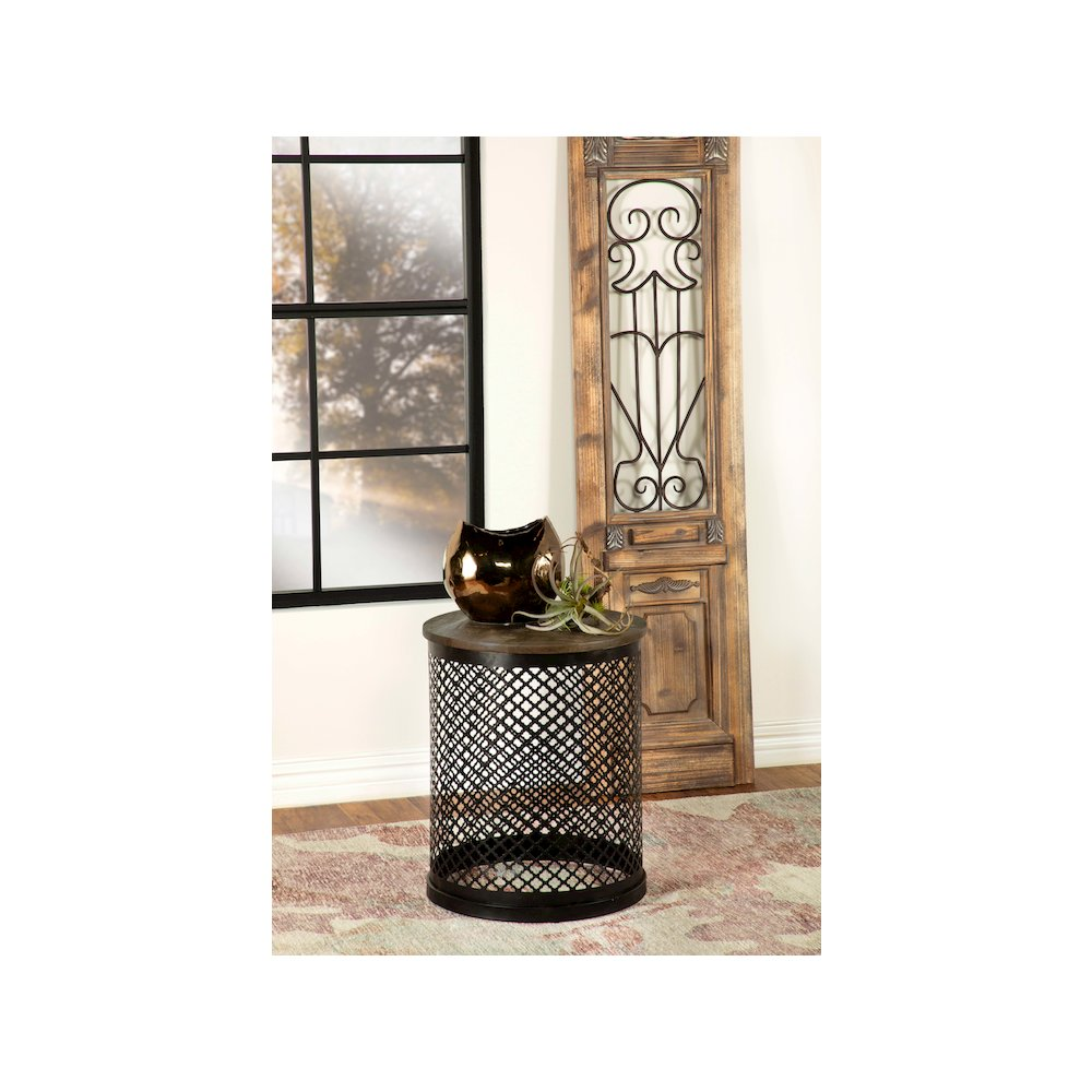 Aurora round drum base accent side table by Start2Finish with natural wood and black finish, showcasing its modern furniture design.