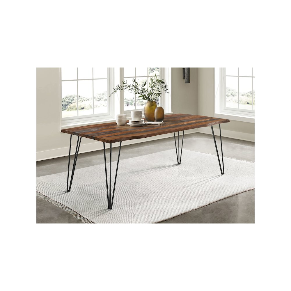 Neve 80-inch live edge dining table in grey sheesham wood with natural grain and sturdy modern design.