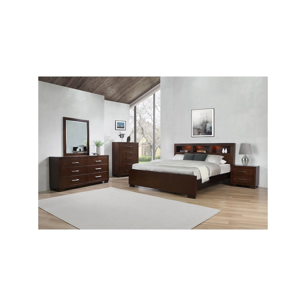 Jessica 4-piece Queen Bedroom Set in cappuccino finish, includes bed frame, dresser, nightstands, and mirror from Start2Finish.
