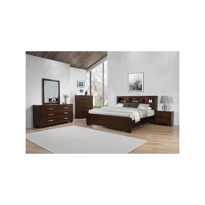 Jessica 4-piece Queen Bedroom Set in cappuccino finish, includes bed frame, dresser, nightstands, and mirror from Start2Finish.