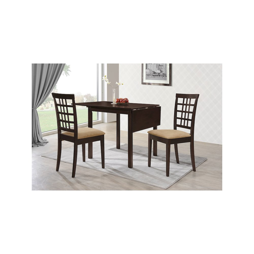 Kelso 3-piece drop leaf dining table set in cappuccino and tan with matching chairs, showcasing a modern furniture design.