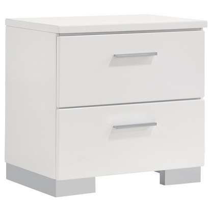 White high gloss Felicity 2-drawer nightstand by Start2Finish, featuring sleek modern design with clean lines and silver handles.