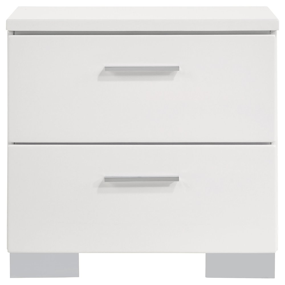 Start2Finish Felicity white high gloss 2-drawer nightstand with sleek modern design and smooth drawer fronts.